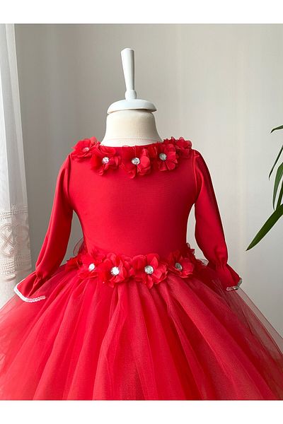 BerrinceTasarım Long Sleeve Children's Evening Dress with Floral Tulle Skirt