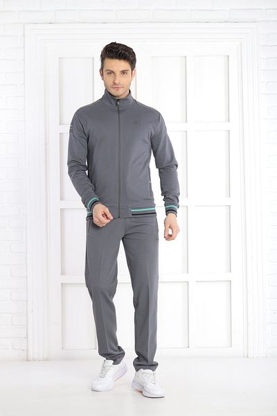 NEED LİFE Men's Dark Gray Comfortable Fit Pocket Pipe Leg Stand Collar Embroidered Double Cotton Tracksuit Set