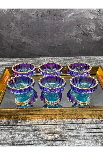 YzHome 6-Piece Gilded Ice Blue Crystal Glass Luxury Turkish Delight Bowl Snack Bowl Presentation Bowl