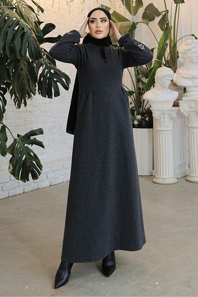 Bestenur Anthracite Hijab Dress 755 - Embroidered Sleeves