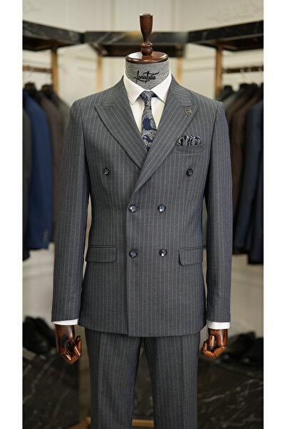 LONATOLİA Erkek Çizgili Kruvaze Takım Elbise İtalyan Stil Slim Fit Ceket Pantolon