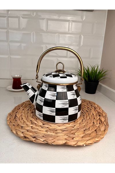 Akkoyunlu home Checkerboard Pattern Gold Handled Enamel Teapot