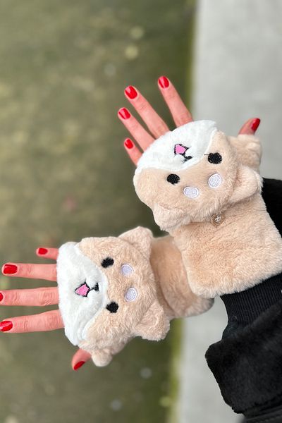 novon Teddy Bear Design Premium βελούδινα γάντια με γούνινο κάλυμμα με κουμπί