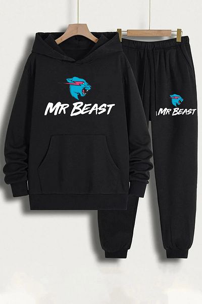 AMMA Kids Mr Beast Printed Hooded Cotton 3 Thread Tracksuit Set