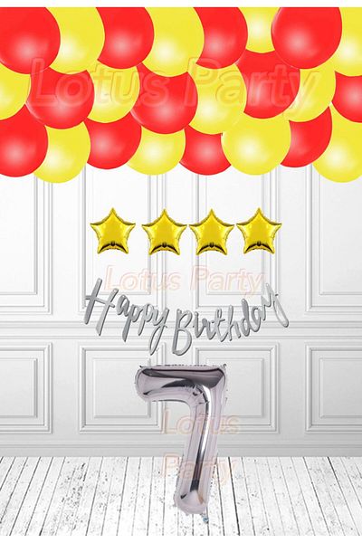 LOTUS PARTY 7 Years Old Yellow Red Balloon Fan Birthday Party Set Gold Star and Silver Number Foil Balloon