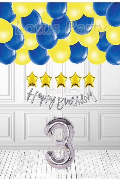 LOTUS PARTY Σετ πάρτι γενεθλίων 3 ετών Yellow Navy Blue Balloon Fan με χρυσό αστέρι και ασημί αριθμό μπαλόνι