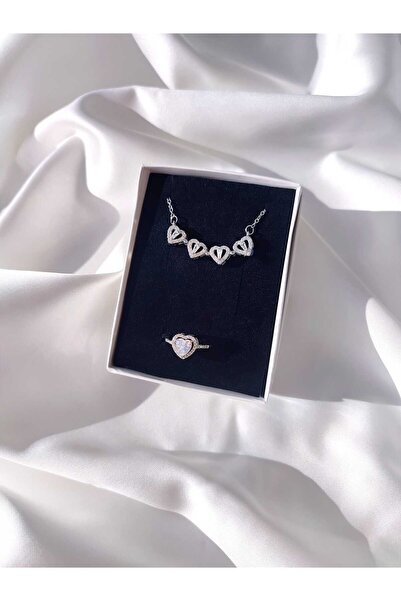 Evorya Zirkon Taşlı Açılır Kapanır Mıknatıslı Yonca Kolye ve Yüzük Seti