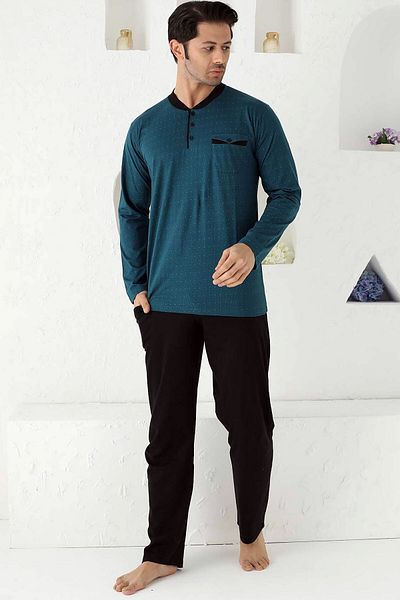 ALİMER Men's Petrol O-Neck Placket Buttoned Long Sleeve Polka Dot Lycra Pocket Oversize Pajamas Suit EDY1190UKB-P