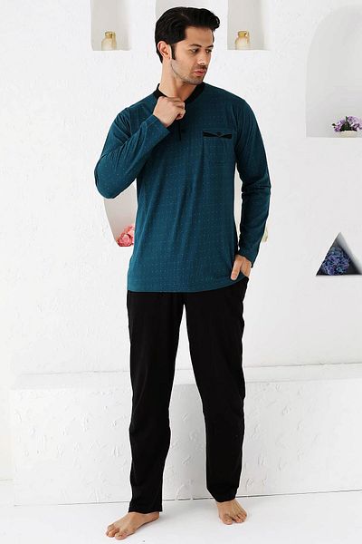 ALİMER Men's Petrol O-Neck Placket Buttoned Long Sleeve Polka Dot Lycra Pocket Oversize Pajamas Suit EDY1190UKB-P
