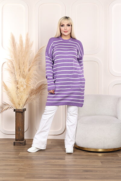 garajmood Lilac Stripe Detailed Knitwear Large Size Tunic