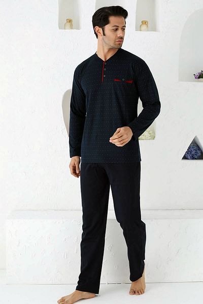 ALİMER Men's Navy Blue O-Neck Placket Buttoned Long Sleeve Polka Dot Lyc Pocket Oversize Pajamas Suit EDY1190UKB-L