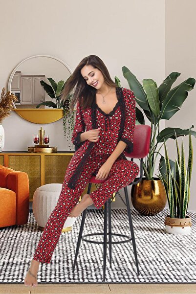 ESİLORA Kadın Seksi Fantezi Erotik Dantelli PamukSaten LuxKalite Askılı Pijama Sabahlık Gecelik Set 3 Parça