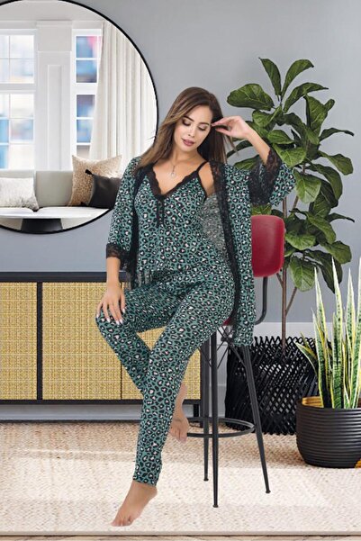 ESİLORA Kadın Seksi Fantezi Erotik Dantelli PamukSaten LuxKalite Askılı Pijama Sabahlık Gecelik Set 3 Parça