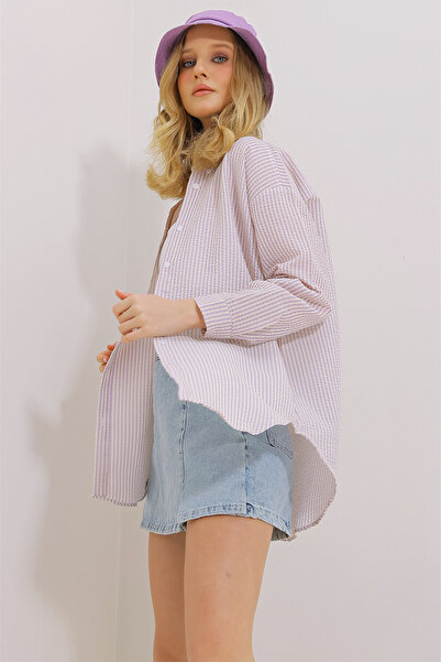Trend Alaçatı Stili Női lila csíkos oversize ing ALC-X10232