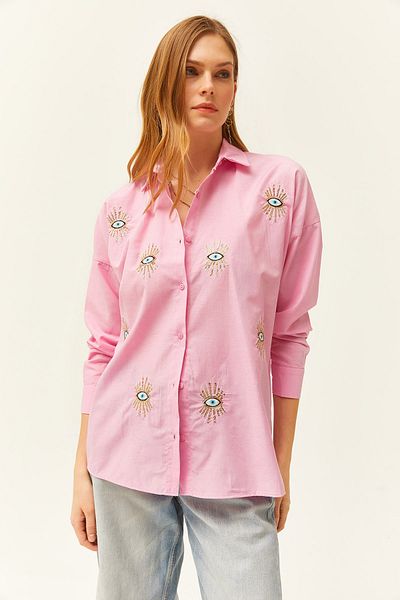 Olalook Női Candy Pink flitteres részletes szőtt barát ing GML-19000992