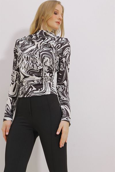 Trend Alaçatı Stili Women's Black Stand Collar Shoulder Gathered Draped Patterned Blouse ALC-X11131