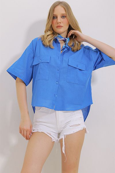 Trend Alaçatı Stili Women's Saks Double Pocket Half Sleeve Linen Shirt ALC-X9991