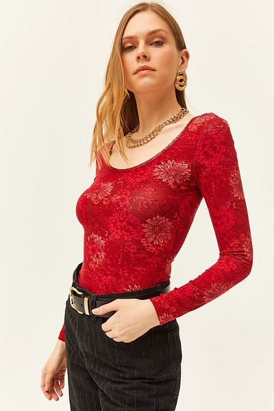 Olalook Női virág piros medencegallér Lycra puha texturált blúz BLZ-19002471