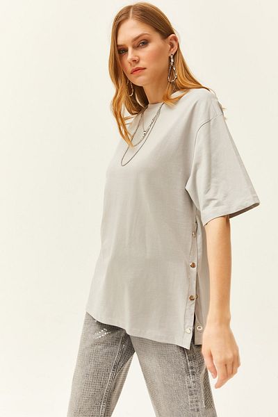 Olalook Γυναικείο βαμβακερό μπλουζάκι Dolphin Grey με κουμπιά TSH-19000762