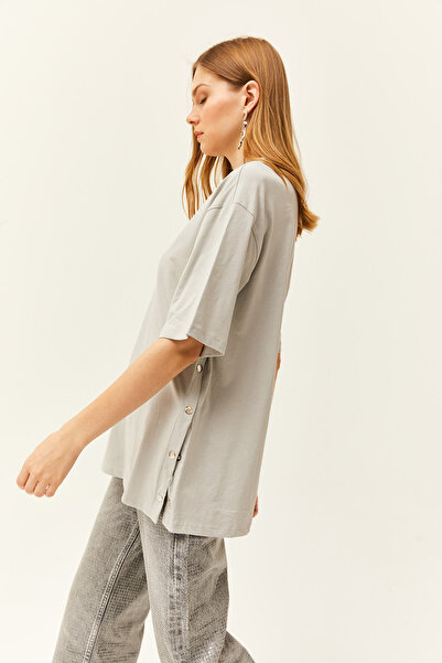 Olalook Γυναικείο βαμβακερό μπλουζάκι Dolphin Grey με κουμπιά TSH-19000762