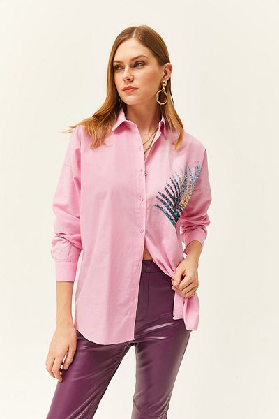 Olalook Női cukorka rózsaszín tenyérflitteres, részletes oversize szőtt poplin ing GML-19001016