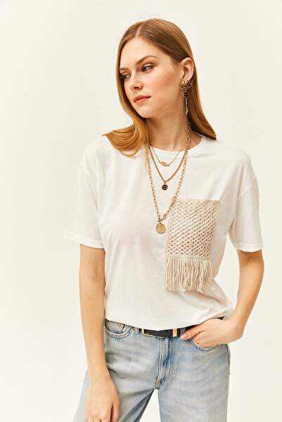 Olalook Γυναικείο T-Shirt εκρού γαρνιρισμένο TSH-19000768