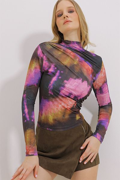 Trend Alaçatı Stili Women's Purple Stand Collar Shoulder Gathered Draped Patterned Blouse ALC-X11131