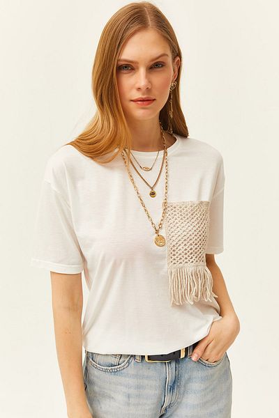 Olalook Γυναικείο T-Shirt εκρού γαρνιρισμένο TSH-19000768