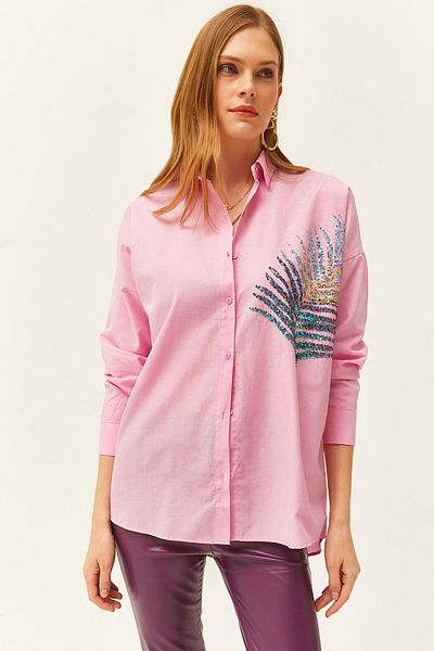 Olalook Női cukorka rózsaszín tenyérflitteres, részletes oversize szőtt poplin ing GML-19001016