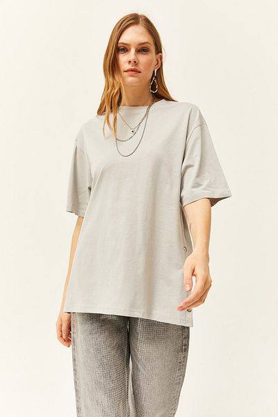 Olalook Γυναικείο βαμβακερό μπλουζάκι Dolphin Grey με κουμπιά TSH-19000762