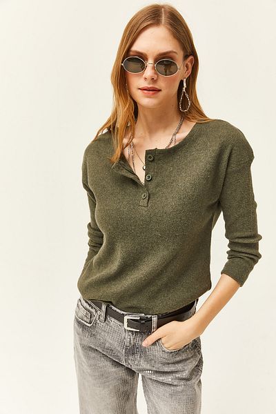 Olalook Női khaki gombos inges alkalmi pulóver KZK-19000721