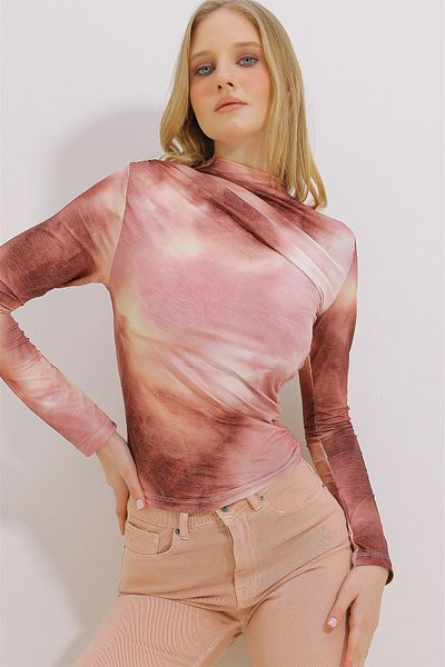 Trend Alaçatı Stili Women's Powder Stand Collar Shoulder Gathered Draped Patterned Blouse ALC-X11131