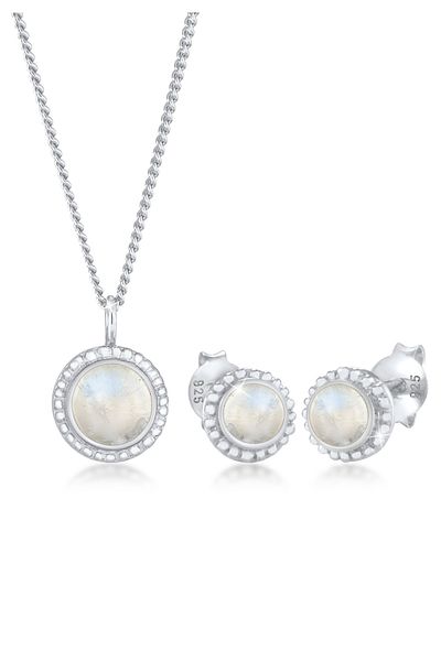 ELLI Schmuckset Mondstein Rund Blüte Boho 925 Sterling Silber