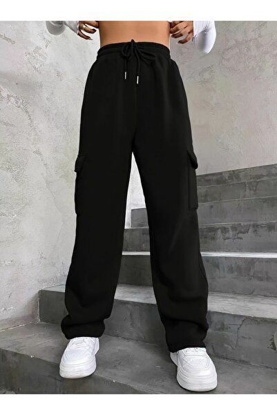 FUNSTYLE Μαύρο φαρδύ παντελόνι με 2 κλωστές εποχιακές τσέπες Cargo