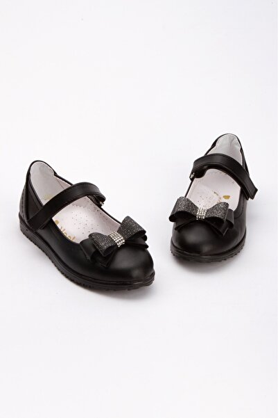 shopland Matte Black Bow Detailed Non-Slip Sole Girls' Ballerinas