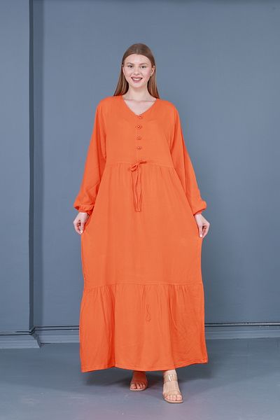 mervemoda Πορτοκαλί γυναικείο φόρεμα με μακρυμάνικο V λαιμόκοψη