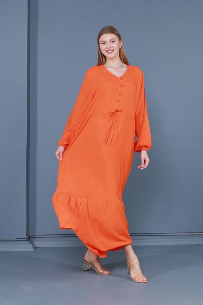 mervemoda Πορτοκαλί γυναικείο φόρεμα με μακρυμάνικο V λαιμόκοψη
