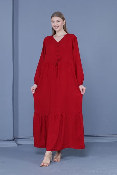 mervemoda فستان نسائي منسوج باللون العنابي مقاس كبير ورقبة على شكل حرف V وأكمام طويلة