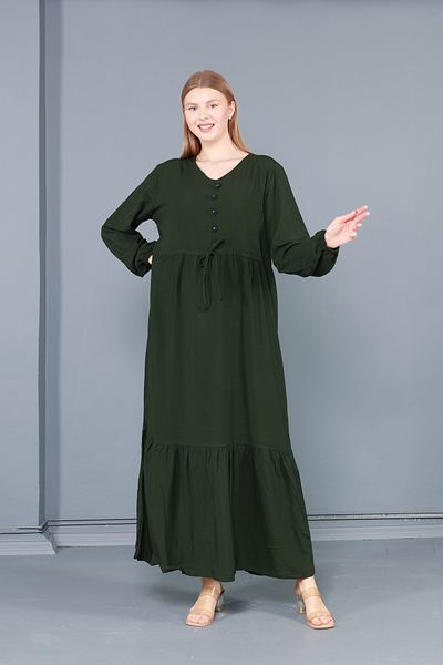 mervemoda Γυναικείο υφαντό φόρεμα με μακρύ μανίκι με λαιμόκοψη σε μέγεθος χακί