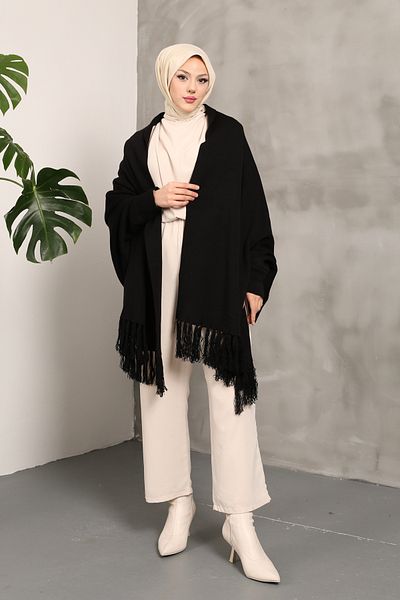 Rimel Moda Knitwear Shawl Poncho Black