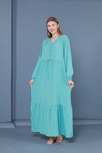 mervemoda Γυναικείο υφαντό φόρεμα με μακρυμάνικο λαιμόκοψη σε μέντα πράσινο συν μέγεθος