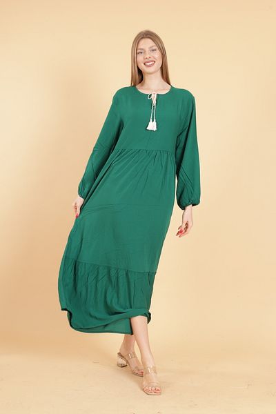 mervemoda Light Green Plus Size Drop Collar Long Sleeve Women's Dress