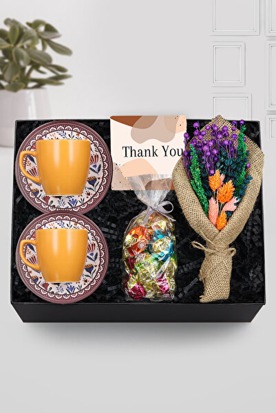 Trendmiya 2'li Turuncu Türk Kahvesi Fincanı & Kurutulmuş Çiçek Buketi & Lavi ...