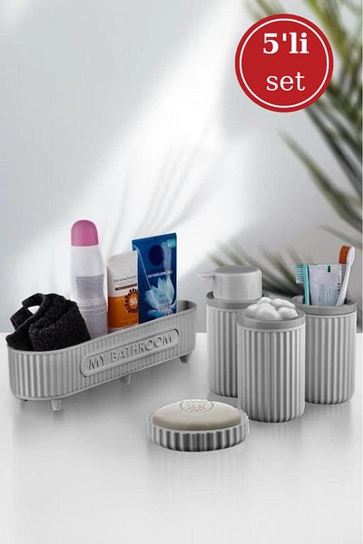 Flora Σετ μπάνιου 5 τεμαχίων (καλάθι πολλαπλών χρήσεων, δοσομετρητής υγρού σαπουνιού, δοσομετρητής στερεού σαπουνιού, θήκη οδοντόβουρτσας, θήκη βαμβακιού)