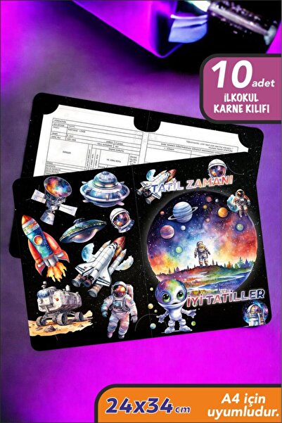 İstisna 10 Adet Uzay Temalı A4 İlkokul Karne Kılıfı Kabı Karne Süsleme 24x34