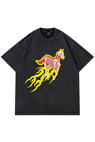 FECCY Tricou supradimensionat unisex cu schelet de cal, antracit, cu aspect uzat