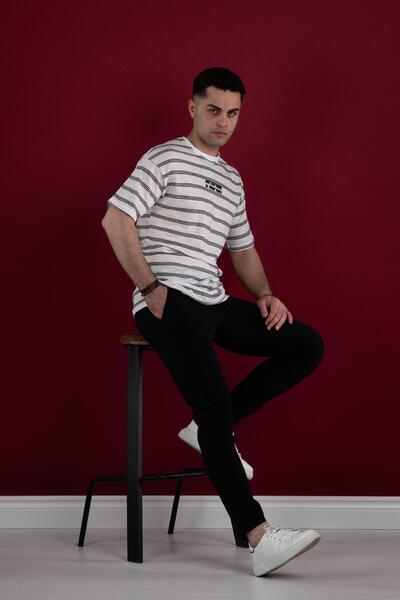 AKÇAYLAR Ανδρικό μπλουζάκι Oversize ριγέ λεπτό χτενισμένο βαμβακερό