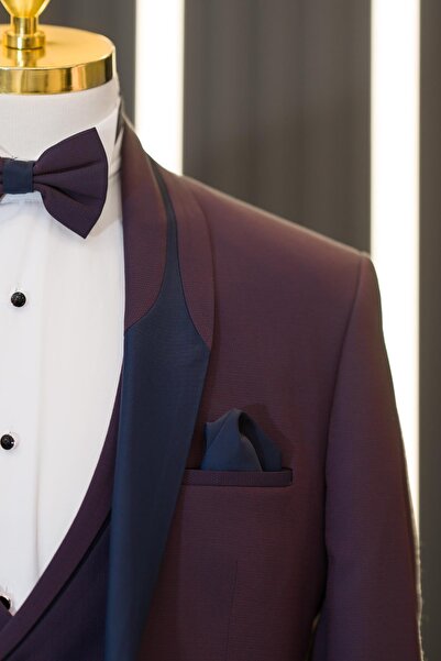 AKÇAYLAR Regular Fit Dobby Shawl Collar Vest and Bow Tie Tuxedo Suit