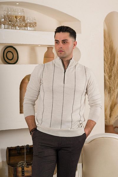 San&Fa Striped Turtleneck Zipper Regular Fit Men's Knitwear Sweater
