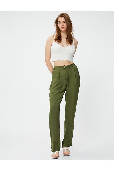 Koton High Waist Straight Leg Trousers Pocket Pleated Detailed